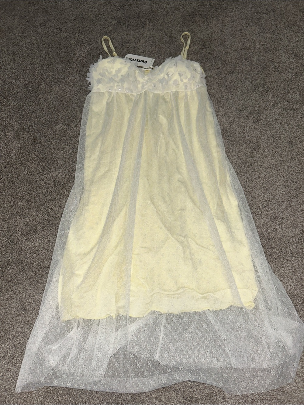 Sheer Ivory Lace-Trim Night Slip with Dotted Overlay